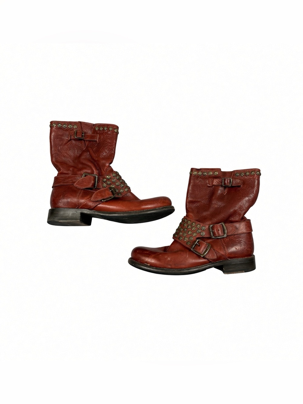 Frye Leather Studded Slouch Moto Boots 7M Cognac 4001 Mexico